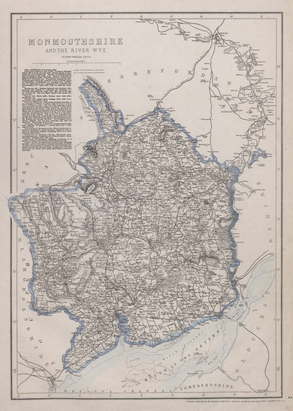 RIVER WYE VALLEY & MONMOUTHSHIRE. Antique county map. Railways. WELLER 1868